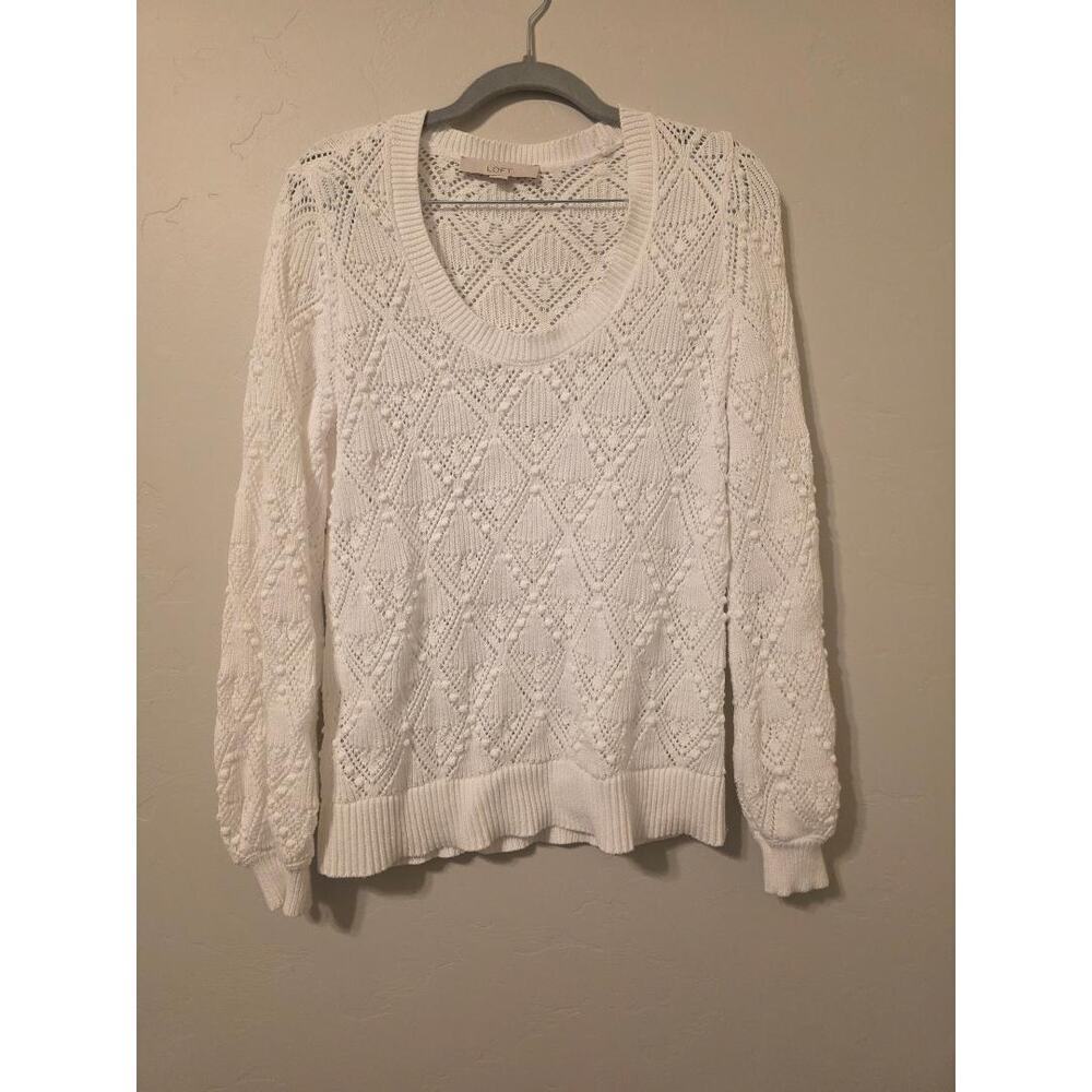 LOFT White Pointelle Knit Sweater Cotton Lightweight Cottagecore Medium
